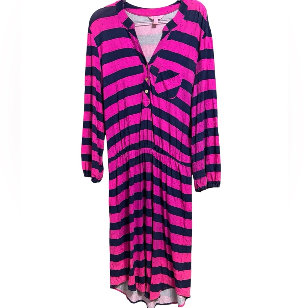 Lilly Pulitzer MD Beckett Stripe Balloon Sleeve Cinch Waist Dress Pink Blue - Picture 3 of 6